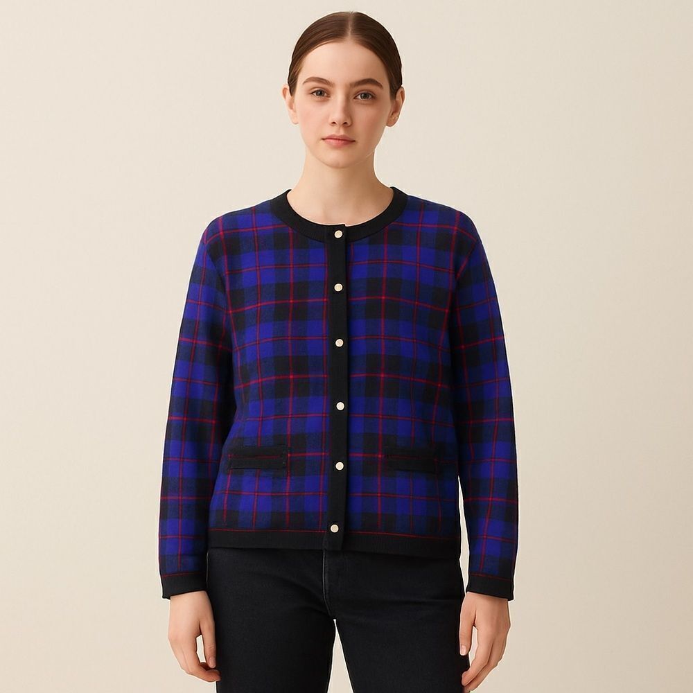 Segue Vintage Preppy Plaid Gold Button Crewneck Cardigan Sweater